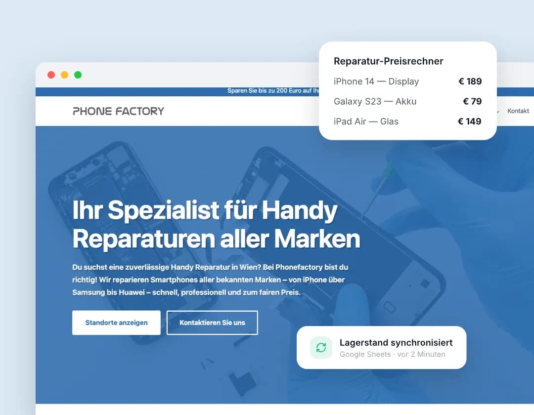 PhoneFactory — WordPress-Website mit Google-Sheets-API-Integration