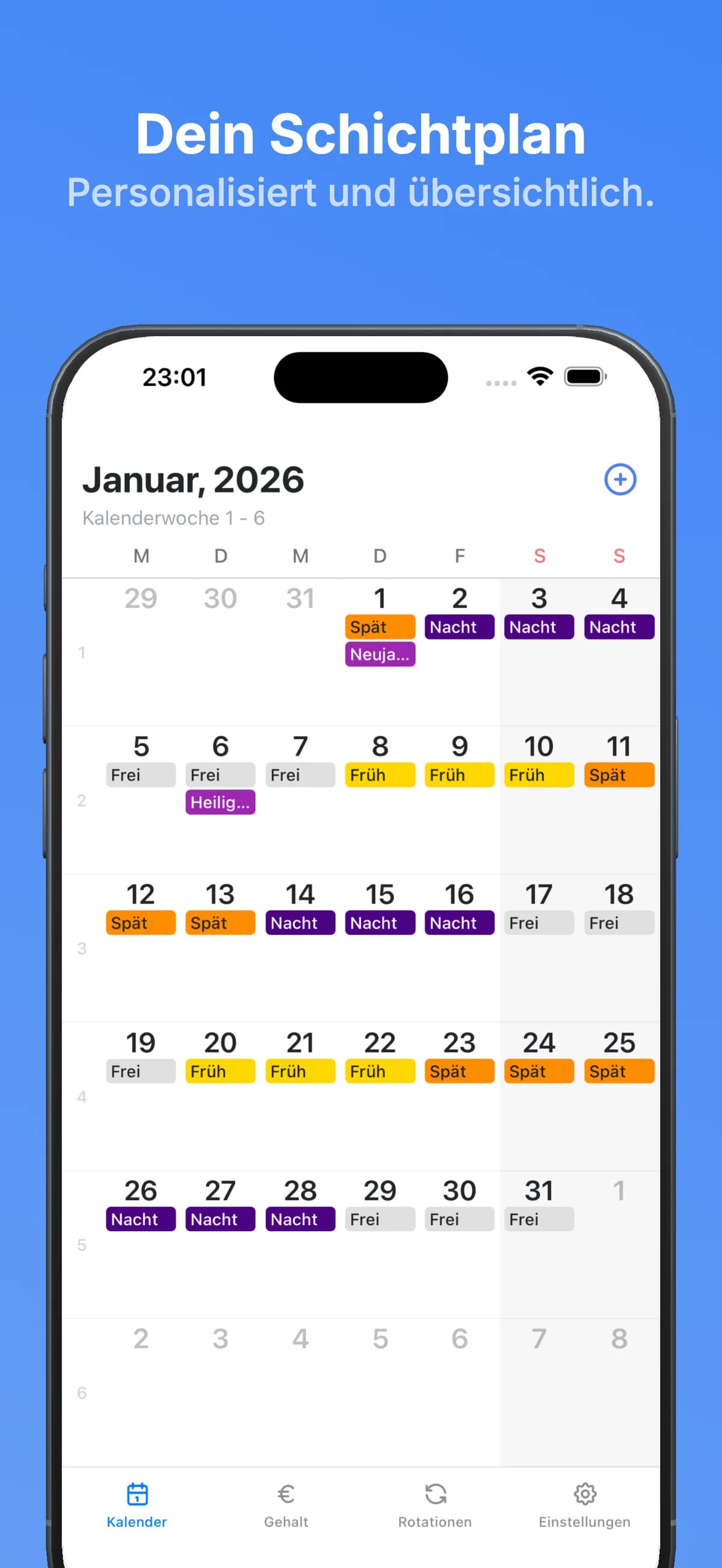 Schichtkalender mit farbcodierten Diensten