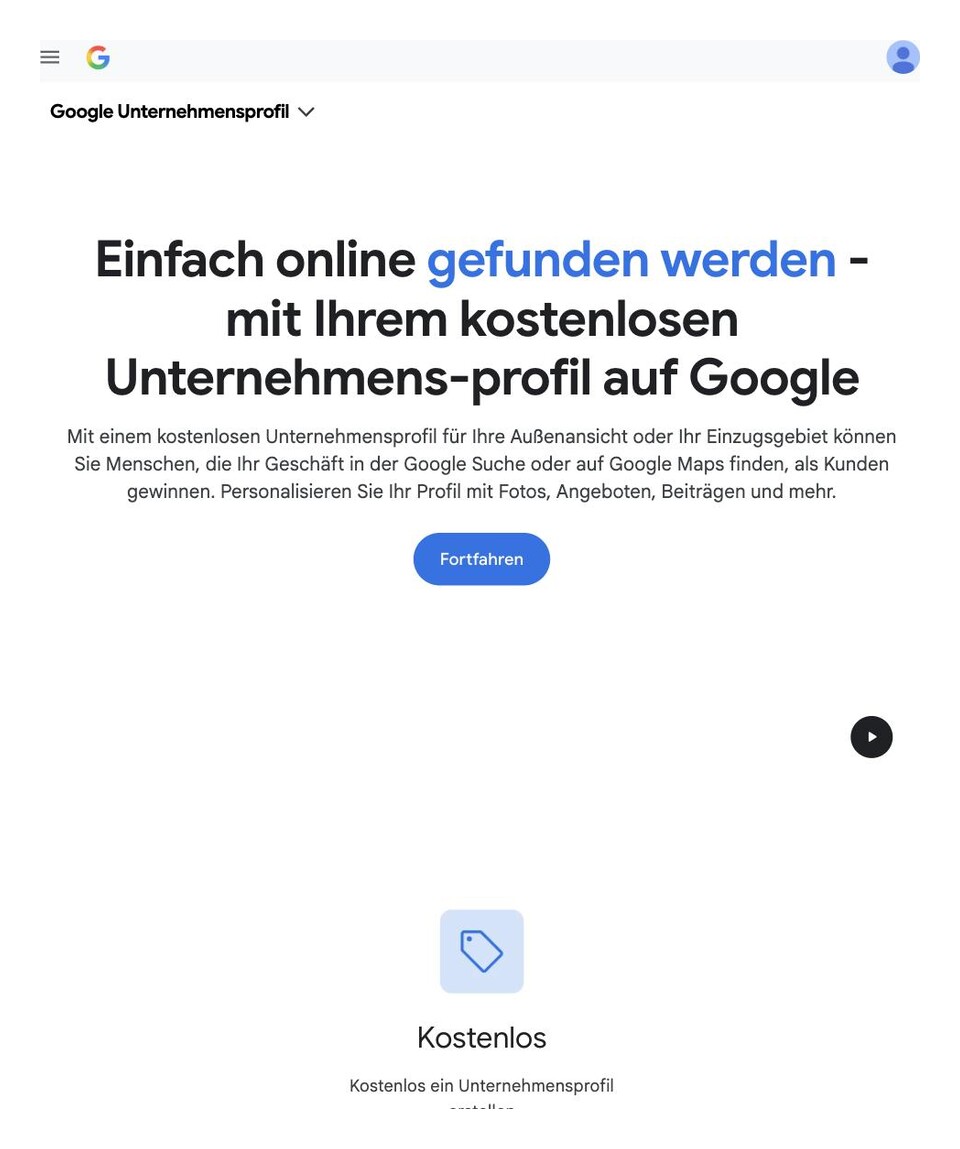 Startseite des Google Unternehmensprofils mit Button „Fortfahren"