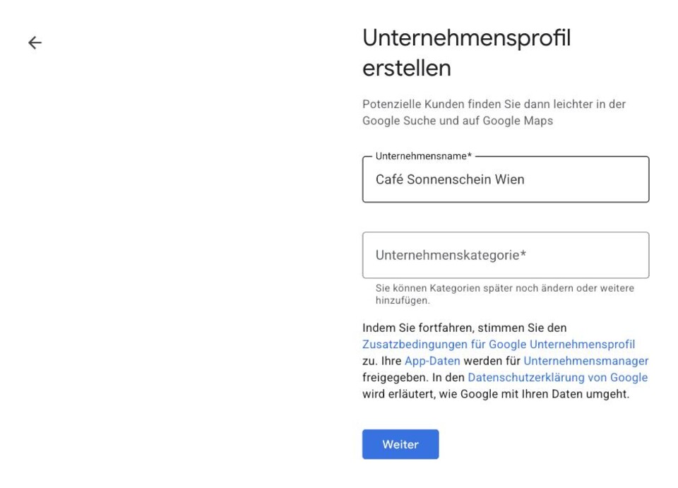 Formular „Unternehmensprofil erstellen" mit Feldern für Name und Kategorie