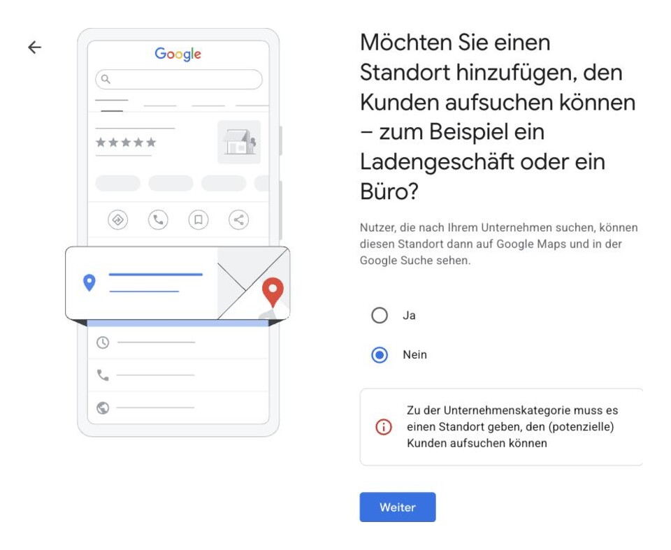 Frage, ob Kunden das Unternehmen an einer Adresse besuchen können — Ja/Nein