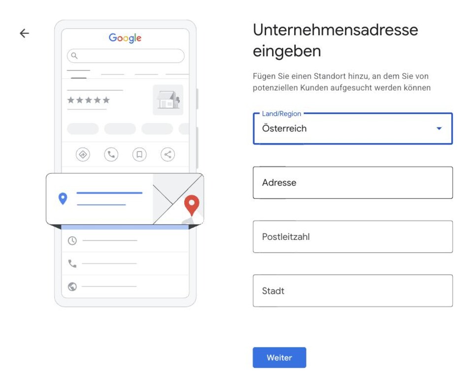 Formular zur Eingabe der Unternehmensadresse in Österreich