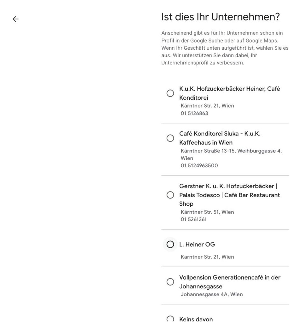 Auswahl bestehender Unternehmen an der Adresse mit Option „Keins davon"