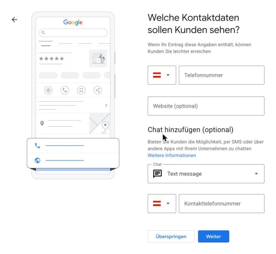 Eingabe der Kontaktdaten: Telefonnummer und Website