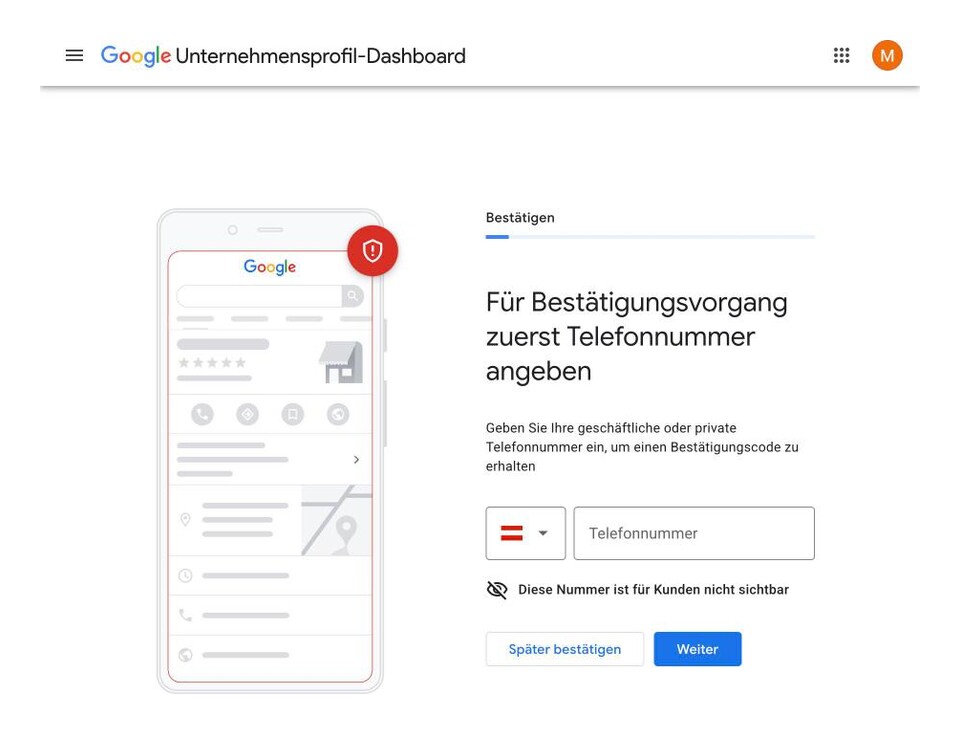 Verifizierungsschritt: Telefonnummer für den Bestätigungscode angeben